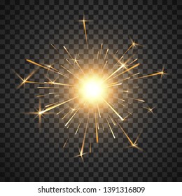 Bengal fire. Burning shiny sparkler firework. Realistic light effect. Party decor element. Magic light. Vector illustration isolated on transparent background