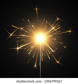 Bengal fire. Burning shiny sparkler firework. Realistic light effect. Party decor element. Vector illustration isolated on transparent background