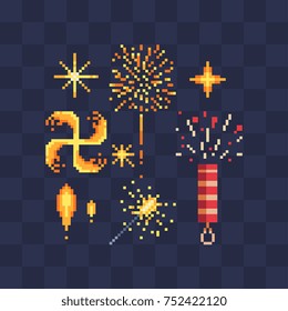 Bengal fire and fireworks icons. Design of a congratulatory holiday card. Vector icon set. Pixel art style. Isolated illustration