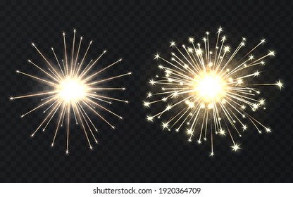 Bengal fire. Magical holiday light of sparklers. Vector illustration of realistic beautiful burning sparks Bengal fire isolated on a transparent background. Golden festival party decorations.