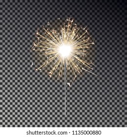 Bengal fire. New year sparkler candle isolated on transparent background. Realistic vector light effect. Party backdrop. Sparkler vector firework. Magic light. Winter Xmas decoration illustration.