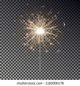 Bengal fire. New year sparkler candle isolated on transparent background. Realistic vector light effect. Party backdrop. Sparkler vector firework. Magic light. Winter Xmas decoration illustration.