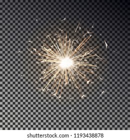 Bengal fire. New year sparkler candle isolated on transparent background. Realistic vector light effect. Party backdrop. Sparkler vector firework. Magic light. Winter Xmas decoration illustration.