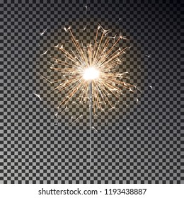 Bengal fire. New year sparkler candle isolated on transparent background. Realistic vector light effect. Party backdrop. Sparkler vector firework. Magic light. Winter Xmas decoration illustration.