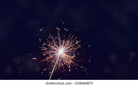 Bengal fire on night sky . New year sparkler candle with stars and blur light isolated . Realistic vector light effect. Party backdrop. Sparkler vector firework. Winter Xmas decoration illustration.