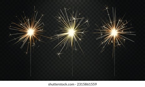 Bengal fire. Realistic sparkler. Birthday candle firework. New Year sparks. Pyrotechnic effect. Christmas celebration light stick. Anniversary party. Vector exact isolated 3D objects set