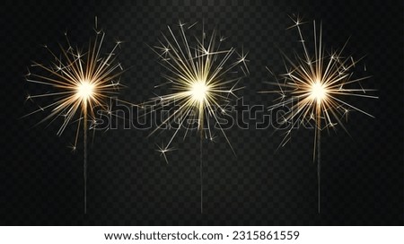 Bengal fire. Realistic sparkler. Birthday candle firework. New Year sparks. Pyrotechnic effect. Christmas celebration light stick. Anniversary party. Vector exact isolated 3D objects set