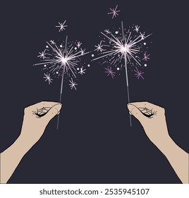 Bengal fire set drawing Birthday clip art festive greeting cards hands holding sparkler. Small firework on stick Happy New Year party invitation firework illustration Magic wand accessory colorful art