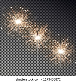 Bengal fire set. New year sparkler candle isolated on transparent background. Realistic vector light effect. Party sparkler collection, vector firework. Magic light. Xmas decoration illustration.