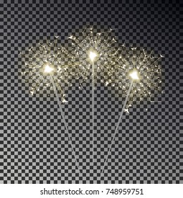 Bengal fire set. New year sparkler candle collection isolated on transparent background. Realistic vector light effect. Party backdrop. Winter Xmas  illustration.
