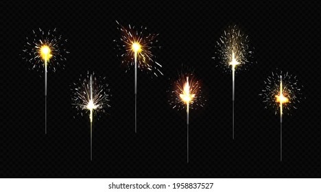 Bengal fire set, sparkler lights for Christmas, birthday party or New Year celebration isolated on transparent background. Vector realistic 3d illustration of burning firework on stick with sparkles