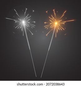 El fuego de Bengala chisporroteó la vela del año nuevo aislada en un fondo transparente. Ilustración realista