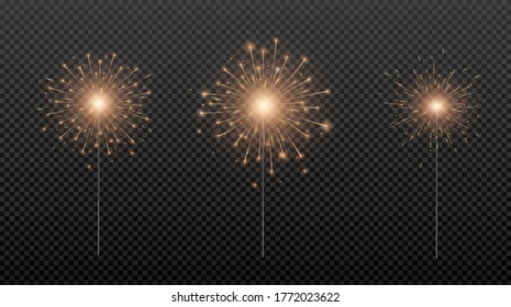 Bengal fire. Sparkler lights isolated on transparent background. Xmas decoration