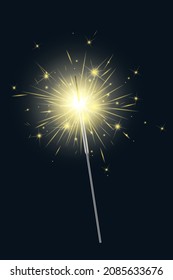 Bengal fire vector. New year sparkler candle isolated on black background. Realistic sparkler. Magic light stick.