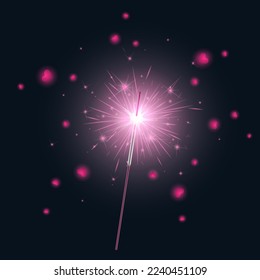 Bengal fire vector. Pink sparkler candle with hearts isolated on black background. Valentine's Day concept. Magic light stick.