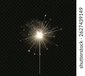 Bengal fire. Vector realistic illustration of burning party popper with bright sparks and smoke effect. Firework. Birthday, holiday. Isolated black transparent background.