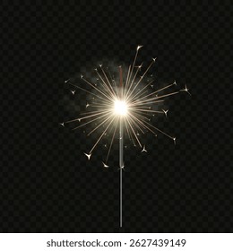 Bengal fire. Vector realistic illustration of burning party popper with bright sparks and smoke effect. Firework. Birthday, holiday. Isolated black transparent background.
