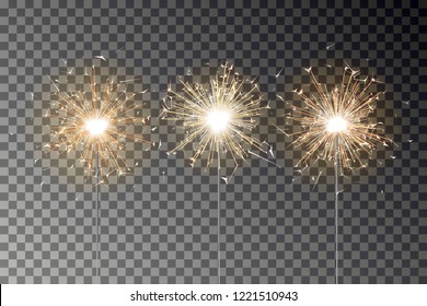 Bengal fire vector set. New year sparkler candle isolated on transparent background. Realistic sparkler. Magic light stick. Xmas decoration illustration.