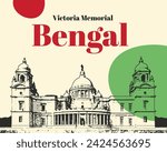 Bengal Landmark - Victoria Memorial Line Art. Kolkata Landmark: Victoria Memorial, Cityscape Line Drawing of Bengal, Iconic Monument: Victoria Memorial Sketch.