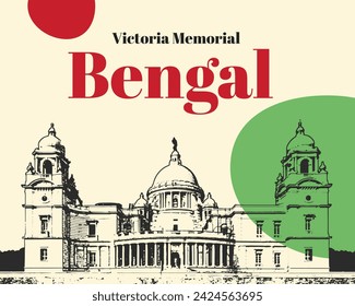 Bengal Landmark - Victoria Memorial Line Art. Kolkata Landmark: Victoria Memorial, Cityscape Line Drawing of Bengal, Iconic Monument: Victoria Memorial Sketch.