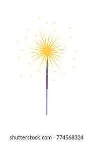 Bengal light closeup of icon, glowing sparkler with light and fire, traditional decoration and symbol of Christmas isolated on vector illustration
