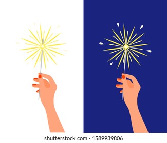 Bengal light fire sparkler in female hand. Christmas, New Year Birthday firework, holiday pyrotechnics, celebration bright salute isolated on white background