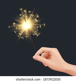 Bengal light in hand. Xmas celebration fireworks birthday glow sparks decent vector realistic template