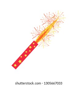 Bengal light holiday celebration vector, party decoration isolated icon. Firework with holder and flames, closeup of sparkler with shining sparkles