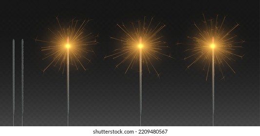 Bengal light, realistic Christmas sparkler, shiny firecracker wands set. New year vector illustration isolated on a dark background.