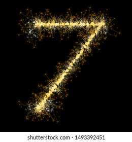 Bengal lights golden glittering sparks number set. Vector shining golden figures of sparkles and stars on black background.