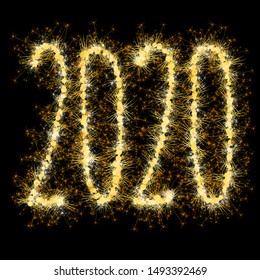 Bengal lights golden glittering sparks Christmas and New Year vector template. Shining golden figures of sparkles and stars on black background.