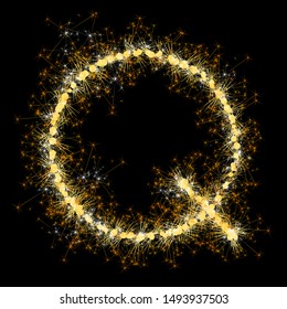 Bengal lights golden glittering sparks leters set. Vector shining golden figures of sparkles and stars on black background.