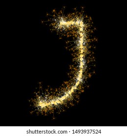 Bengal lights golden glittering sparks leters set. Vector shining golden figures of sparkles and stars on black background.