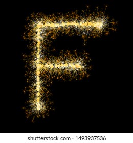 Bengal lights golden glittering sparks leters set. Vector shining golden figures of sparkles and stars on black background.