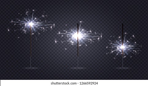 Bengal lights pyrotechnics realistic set on transparent background with three sticks at different stages of burning vector illustration
