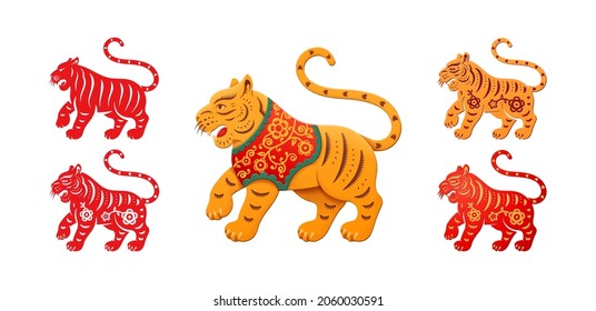 Bengal tiger animals in red and orange color with floral pattern set isolated african tigress. Vector tigers eastern zodiac symbols, spring festival lunar calendar mascot, korean horoscope sign