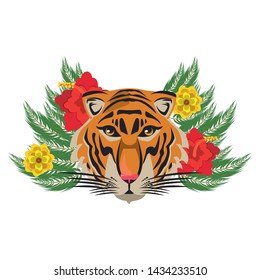 bengal tiger face wih flowers icon cartoon vector illustration graphic design