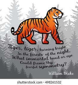 Bengal Tiger in forest poster design. Double exposure vector template. Old poem illustration on foggy background