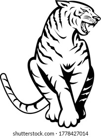 Bengal Tiger Growling Sitting Front Woodcut Retro Black and White