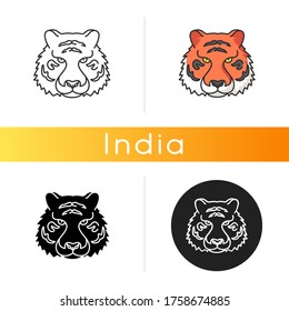 Bengal tiger icon. Panthera Tigris. National Indian animal. Symbol of power and strength. Extant big cat species. Asian wildlife. Linear black and RGB color styles. Isolated vector illustrations