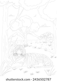 Bengal tiger india line art drawing for adult and kids coloring book