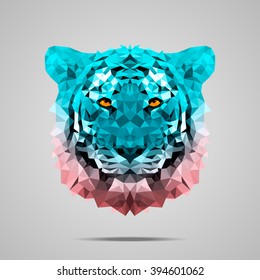 Bengal tiger low poly portrait. Symmetric gradient Rose Quartz - Limpet Shell. Abstract polygonal illustration.