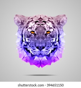 Bengal tiger low poly portrait. Symmetric purple gradient. Abstract polygonal illustration.