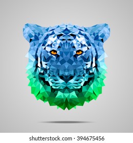 Bengal tiger low poly portrait. Symmetric blue - green gradient. Abstract polygonal illustration.
