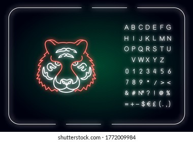 Bengal tiger neon light icon. Panthera Tigris. National Indian animal. Symbol of power. Outer glowing effect. Sign with alphabet, numbers and symbols. Vector isolated RGB color illustration