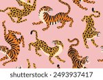 Bengal tigers and leopards. Vector seamless pattern with wild animal on pink background. Fashionable fabric design.