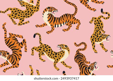 Bengal tigers and leopards. Vector seamless pattern with wild animal on pink background. Fashionable fabric design.