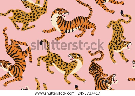 Bengal tigers and leopards. Vector seamless pattern with wild animal on pink background. Fashionable fabric design.