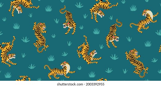 Bengal tigers and tropical leaves. Vector seamless pattern with cute tigers on background. Fashionable fabric design.