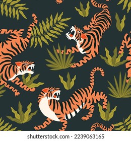 Bengal tigers and tropical leaves. Vector seamless pattern with cute tigers on background. Fashionable fabric design.